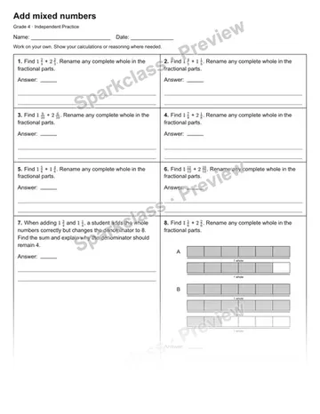 Add mixed numbers — Independent Practice — Grade 4 worksheet preview
