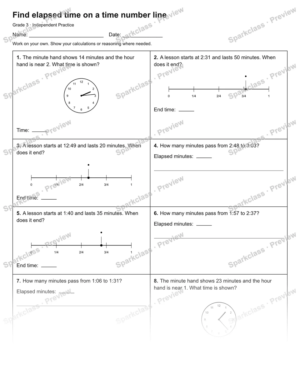 Find elapsed time on a time number line — Independent Practice — page 1