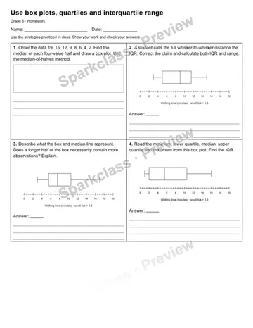 Use box plots, quartiles and interquartile range — Homework — Grade 6 worksheet preview