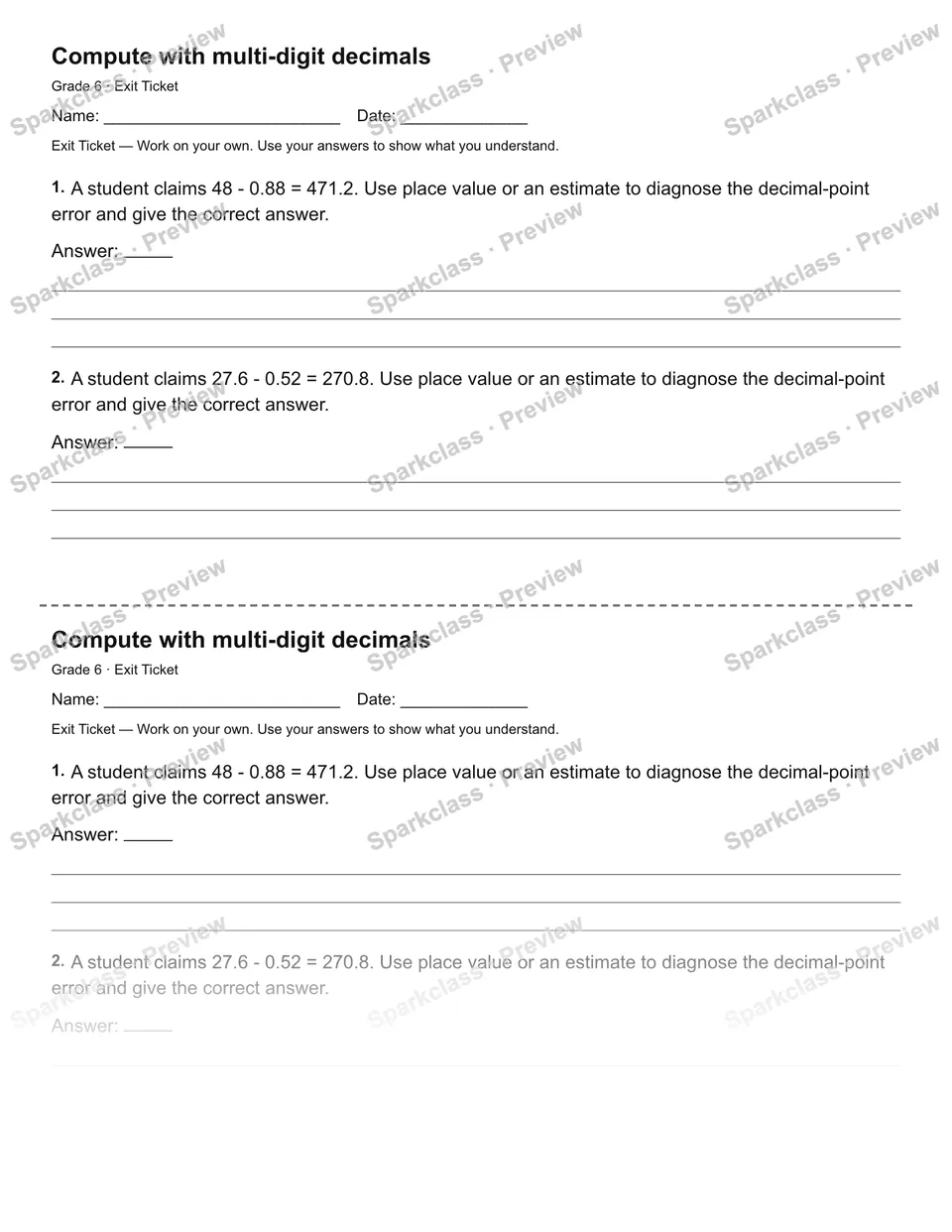 Compute with multi-digit decimals — Exit Ticket — page 1