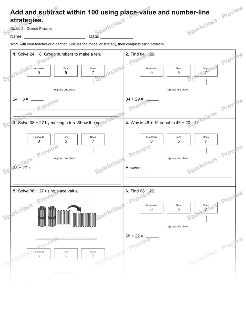 Add and subtract within 100 using place-value and number-line strategies. — Guided Practice — page 1