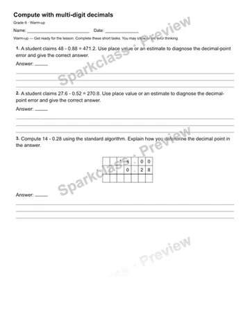 Compute with multi-digit decimals — Warm-up — Grade 6 worksheet preview