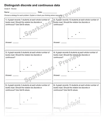 Distinguish discrete and continuous data — Review — Grade 8 worksheet preview