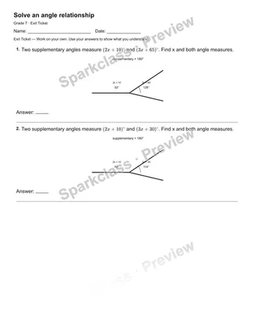 Solve an angle relationship — Exit Ticket — Grade 7 worksheet preview
