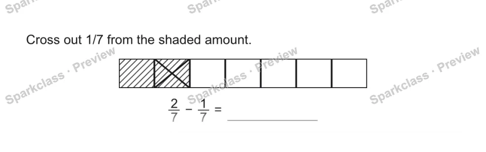 Cross out 1/7 from the shaded amount. 2/7 − 1/7 = — page 1