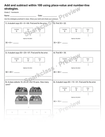 Add and subtract within 100 using place-value and number-line strategies. — Homework — Grade 2 worksheet preview