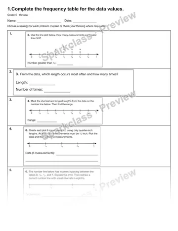 1.Complete the frequency table for the data values. — Review — Grade 5 worksheet preview