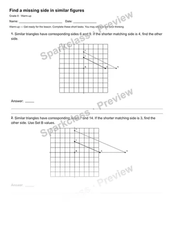 Find a missing side in similar figures — Warm-up — Grade 8 worksheet preview