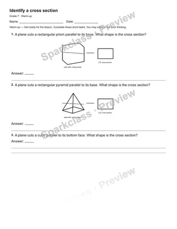 Identify a cross section — Warm-up — Grade 7 worksheet preview