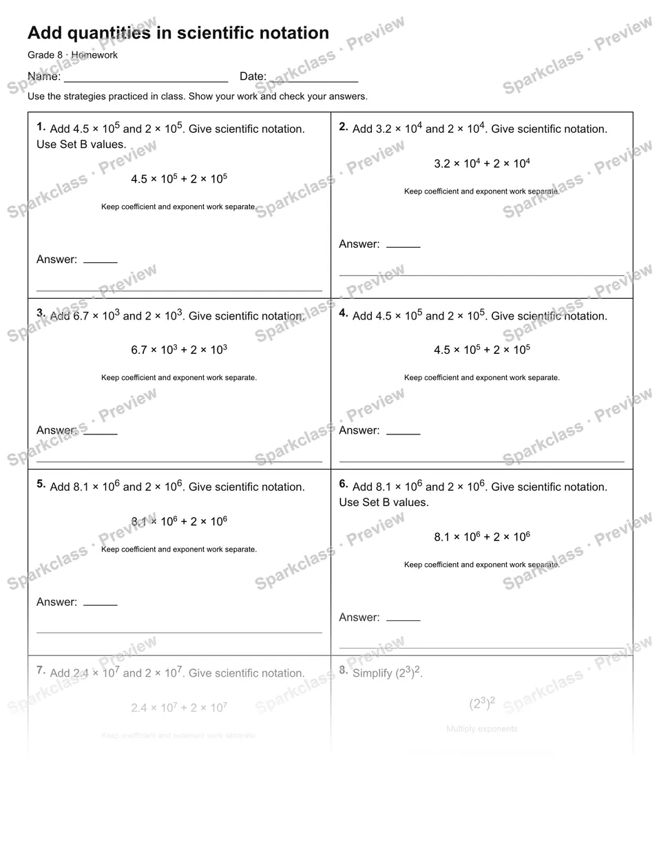 Add quantities in scientific notation — Homework — page 1