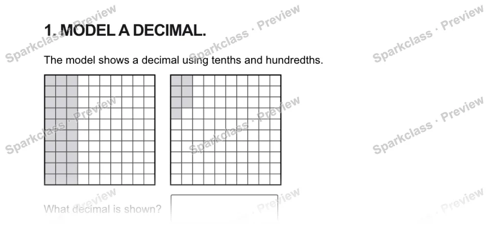 1. MODEL A DECIMAL. The model shows a decimal using tenths and hundredths. What decimal is shown? — page 1