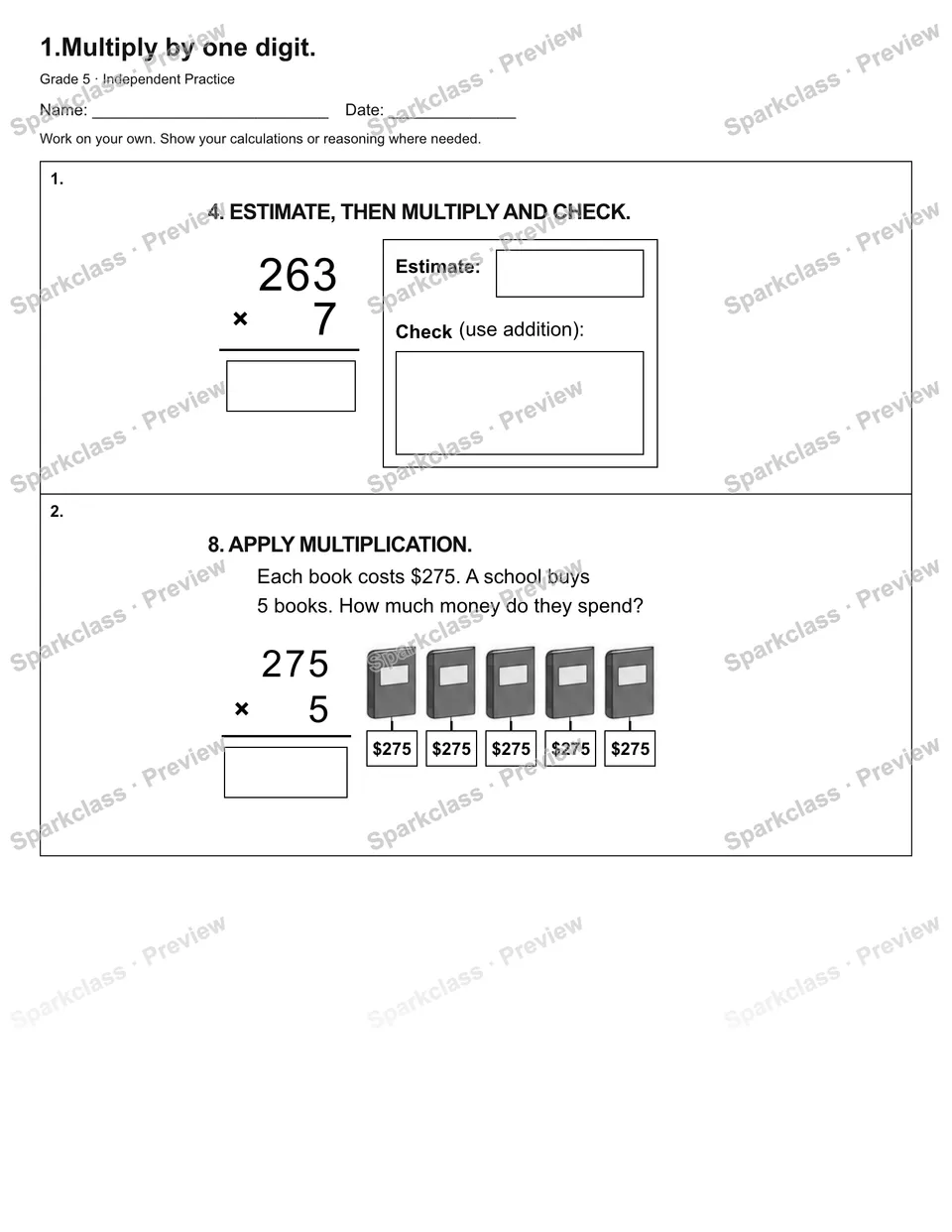 1.Multiply by one digit. — Independent Practice — page 1