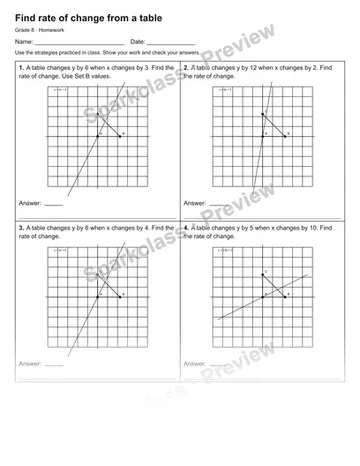 Find rate of change from a table — Homework — Grade 8 worksheet preview