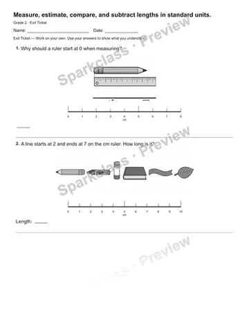 Measure, estimate, compare, and subtract lengths in standard units. — Exit Ticket — Grade 2 worksheet preview