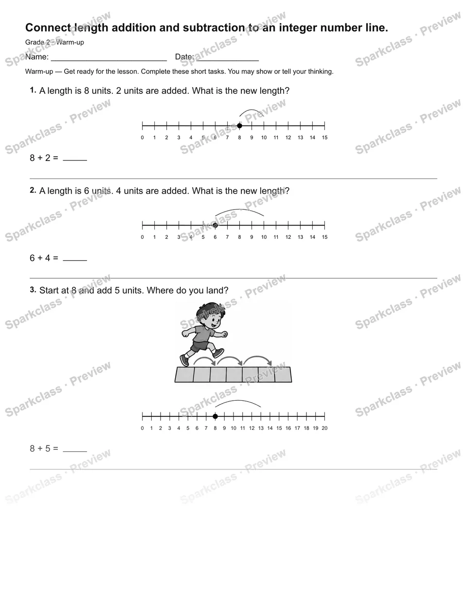 Connect length addition and subtraction to an integer number line. — Warm-up — page 1