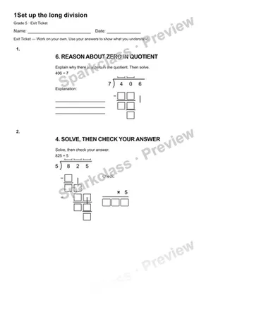 1Set up the long division — Exit Ticket — Grade 5 worksheet preview