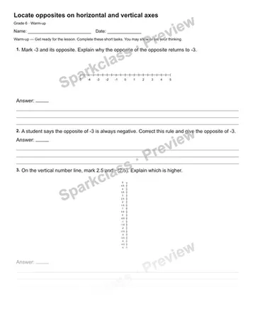 Locate opposites on horizontal and vertical axes — Warm-up — Grade 6 worksheet preview