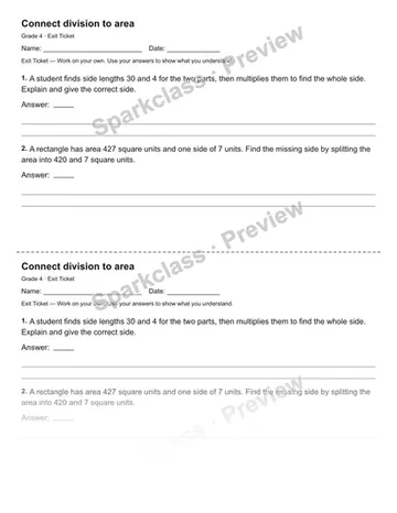 Connect division to area — Exit Ticket — Grade 4 worksheet preview