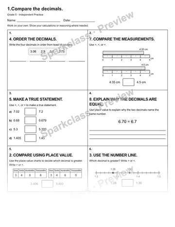 1.Compare the decimals. — Independent Practice — Grade 5 worksheet preview