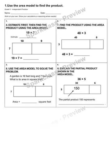 1.Use the area model to find the product. — Independent Practice — Grade 5 worksheet preview