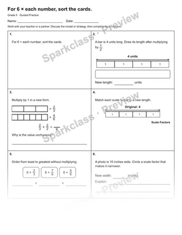For 6 × each number, sort the cards. — Guided Practice — Grade 5 worksheet preview