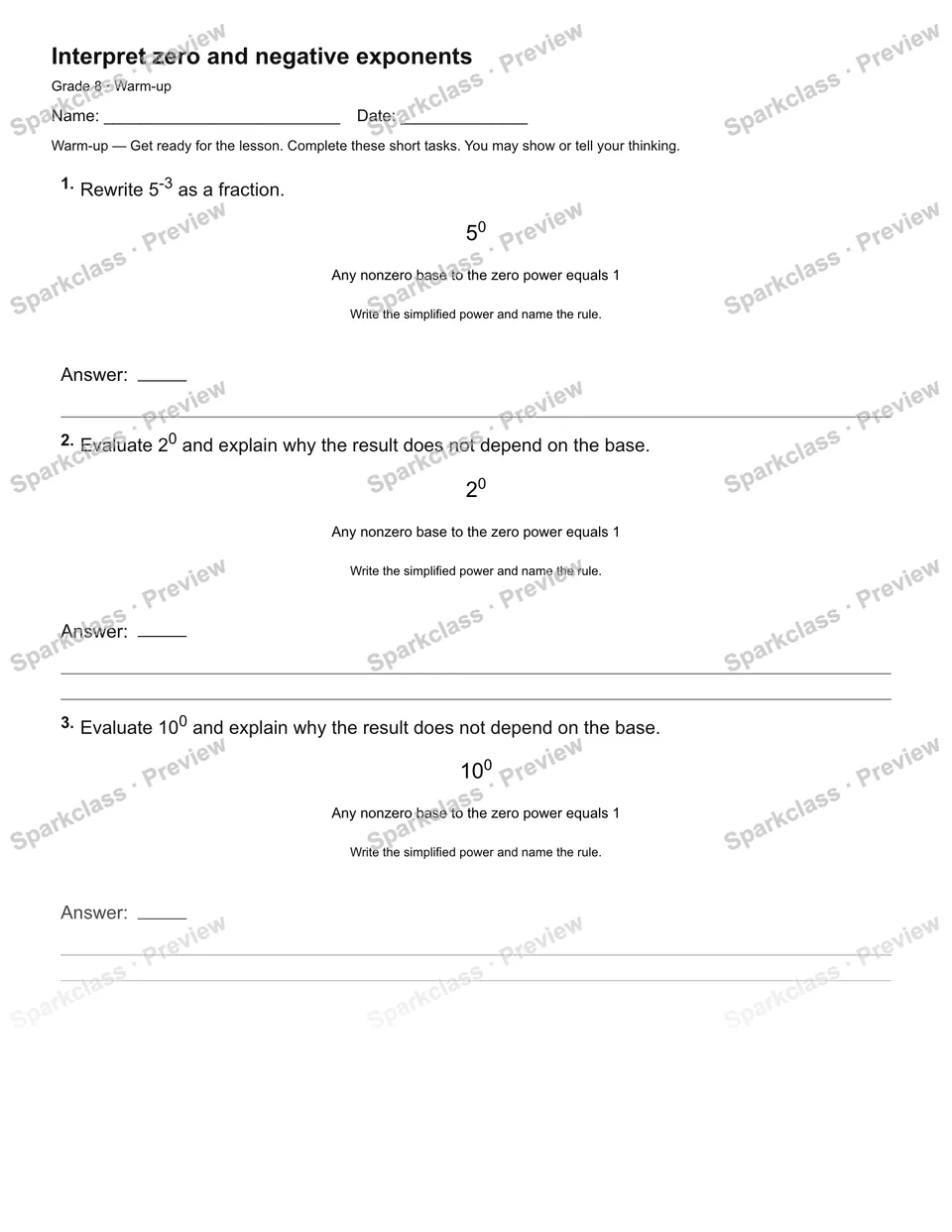 Interpret zero and negative exponents — Warm-up — page 2