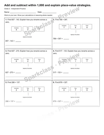 Add and subtract within 1,000 and explain place-value strategies. — Independent Practice — Grade 2 worksheet preview