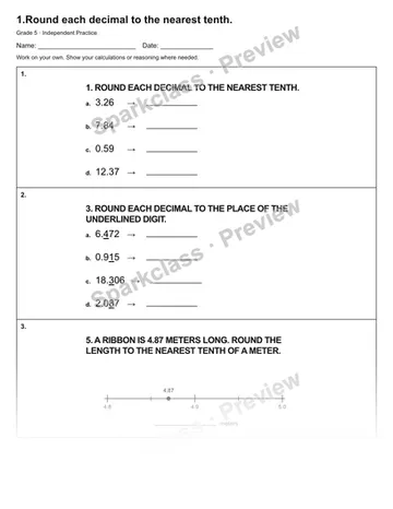 1.Round each decimal to the nearest tenth. — Independent Practice — Grade 5 worksheet preview